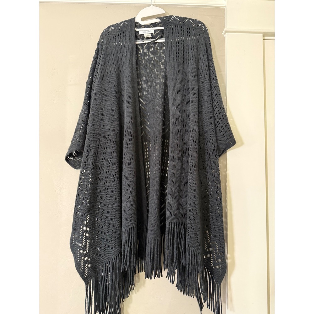 Nine West Black Pointelle Knit Fringe Poncho Cardigan One Size Open Front Wrap